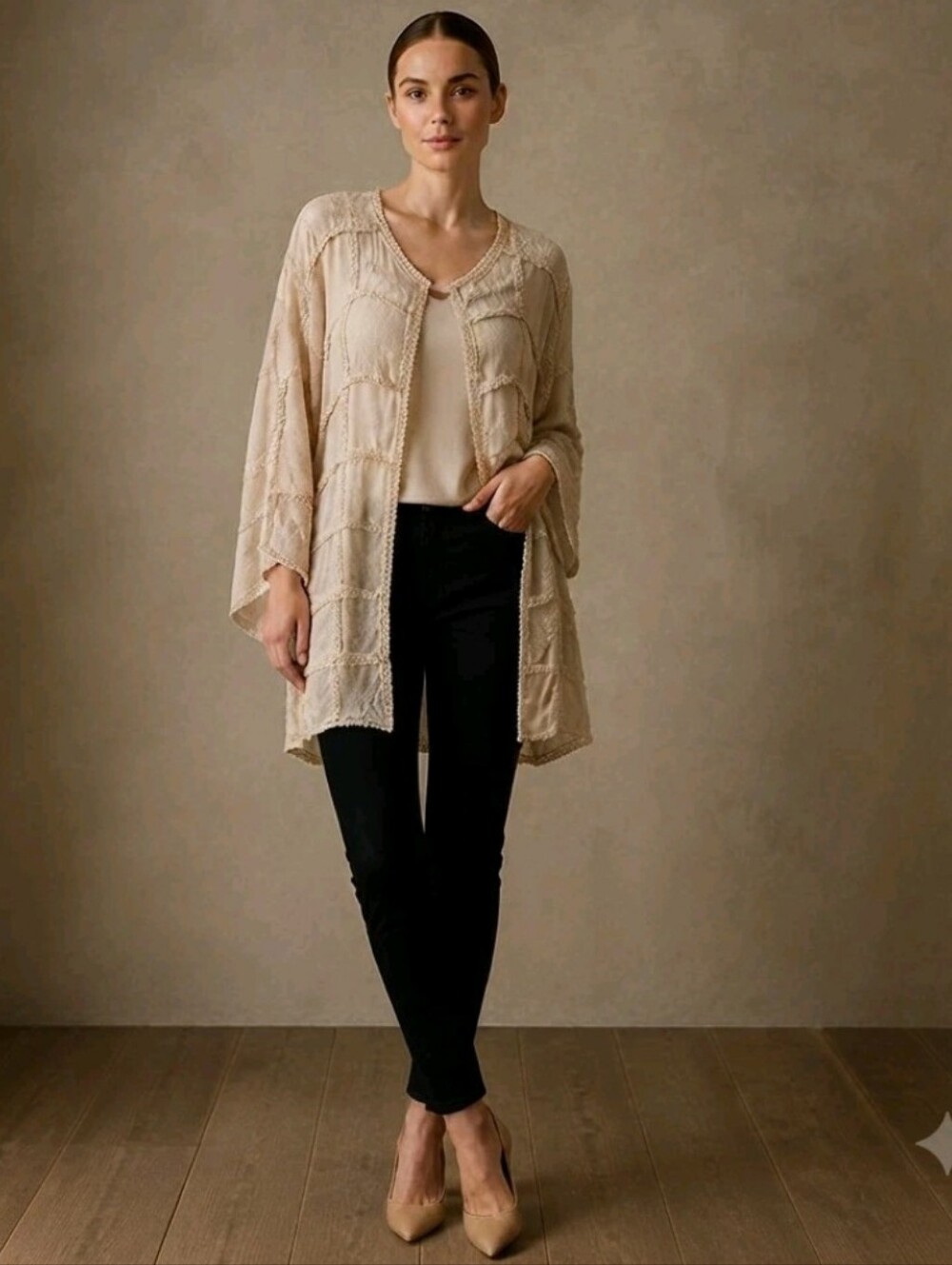 Vintage 90s Jacquard Beige Gold Patchwork Jacket Size M Floral Boho Embroidered